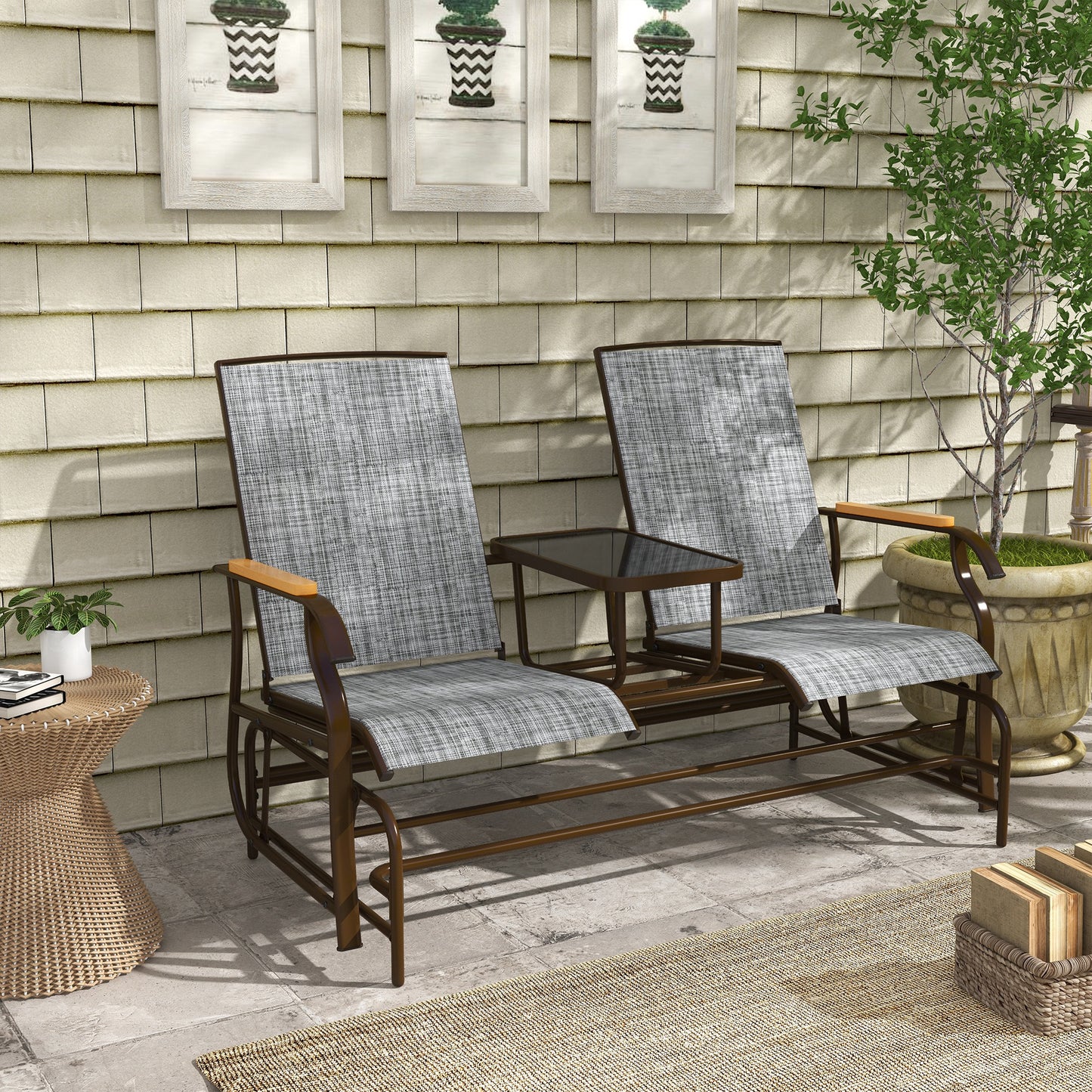 Outdoor 2-Person Glider Bench Swing Chair Loveseat Breathable Mesh Table Steel Frame