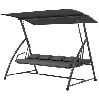 Patio Swing Chair, 3 Person Convertible Hammock, Outdoor Swing Lounge Bed, Cushioned with Tilt Canopy, Dark Grey