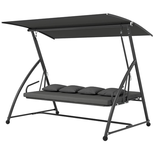 Patio Swing Chair, 3 Person Convertible Hammock, Outdoor Swing Lounge Bed, Cushioned with Tilt Canopy, Dark Grey Kids Crystal