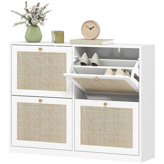 Narrow Shoe Storage Cabinet, Rattan Shoe Cabinet with 4 Flip Drawers and Adjustable Shelves for 20 Pairs, White Kids Crystal