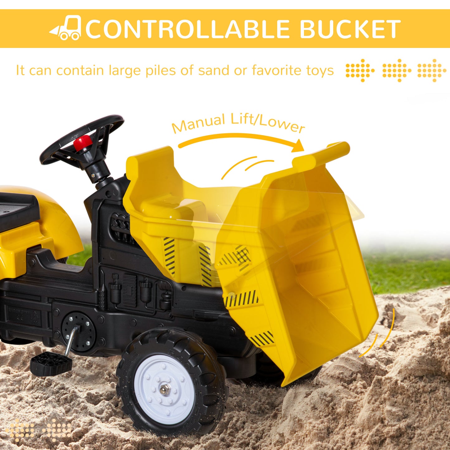 Kids Ride-On Excavator Manual Control Bucket Pretend Play Tractor Forward Backward Function Kids Crystal
