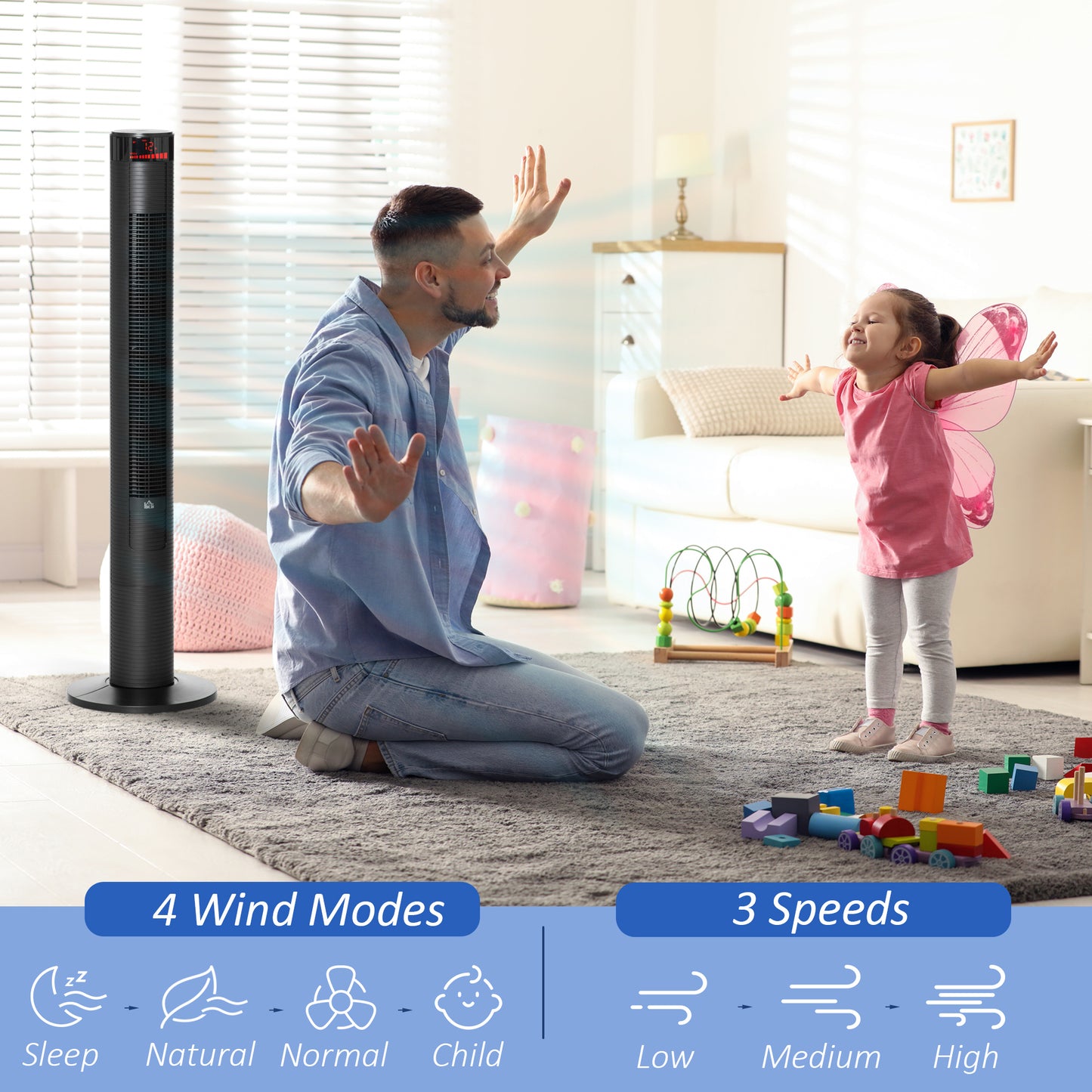 Tower Fan Freestanding Cooling 3 Speed Oscillating 12h Timer LED Remote Black for Home Bedroom Kids Crystal