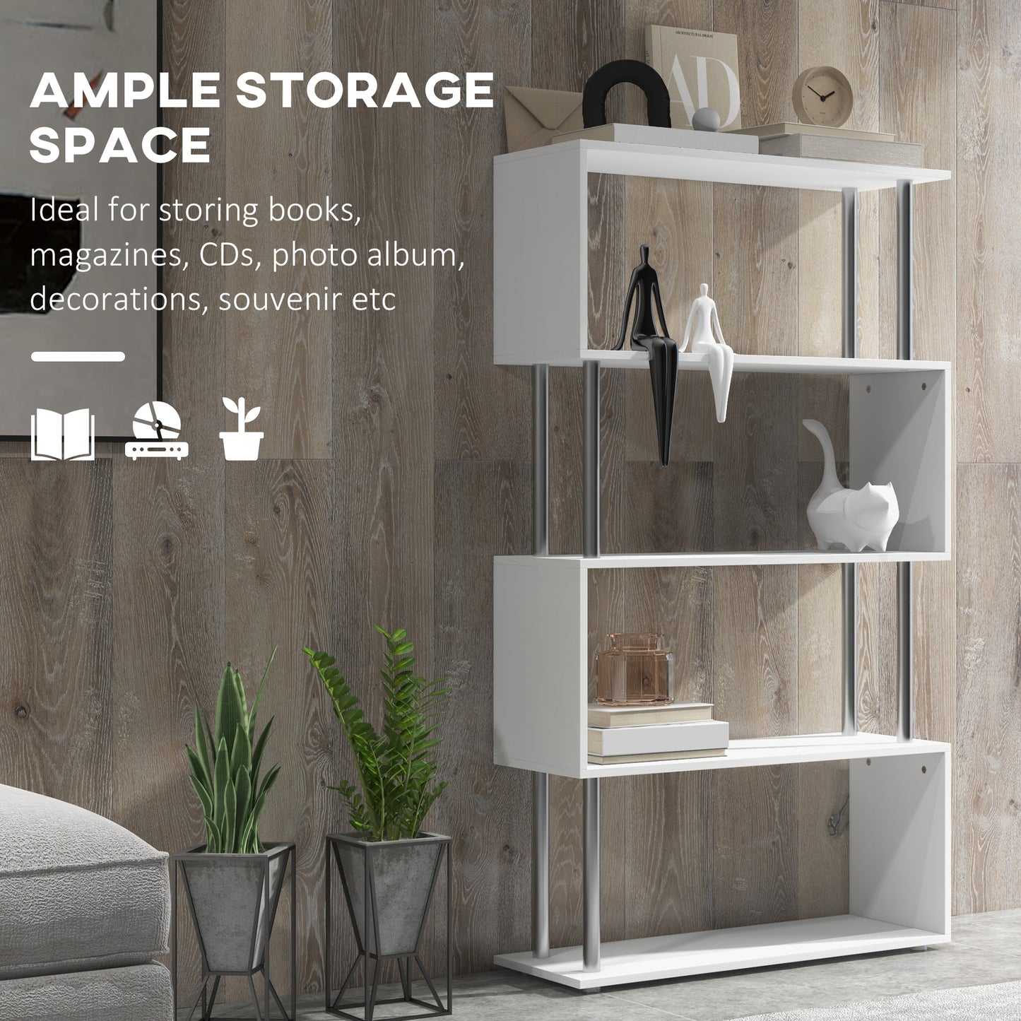 Z-Shape Bookcase Marvel: 5-Tier White Wooden Storage Display Shelf for Living Room, Bedroom, Office with Metal Frame Kids Crystal