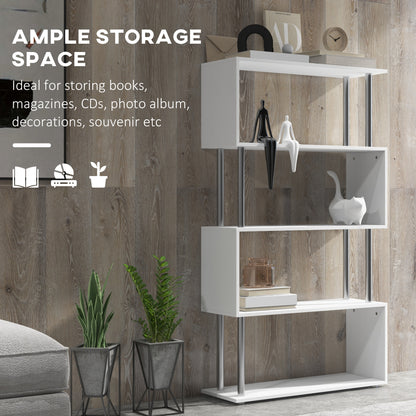 Z-Shape Bookcase Marvel: 5-Tier White Wooden Storage Display Shelf for Living Room, Bedroom, Office with Metal Frame