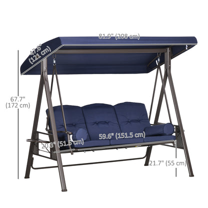 Outdoor Patio 3-Person Steel Canopy Cushioned Seat Bench Swing with Included Side Trays & Padded Comfort, Dark Blue