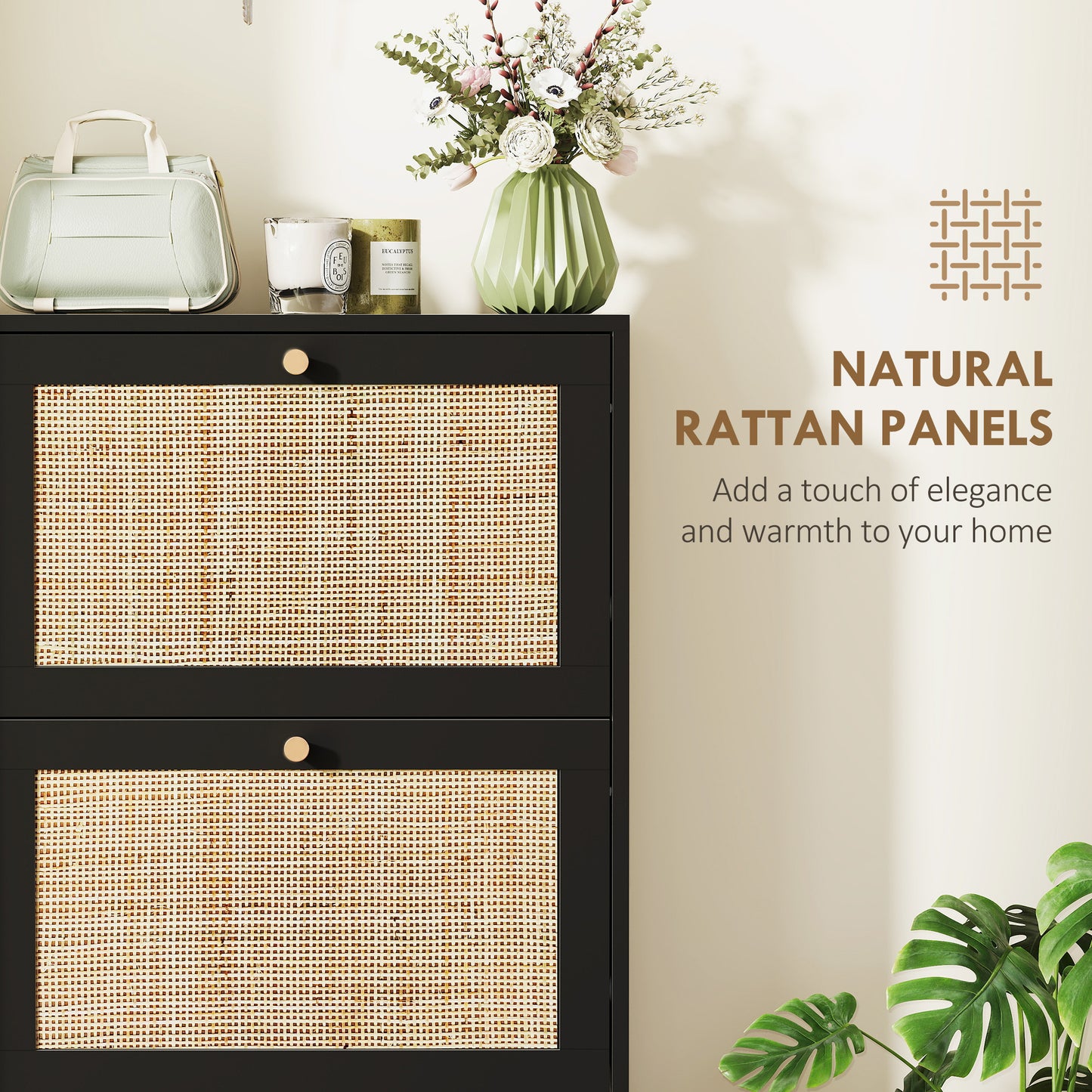 Rattan Shoe Cabinet: 3 Flip Drawers, Adjustable Shelves for 18 Pairs, Entryway/Hallway Organizer Kids Crystal