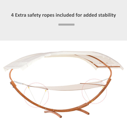 2 Person Wood Swing Arc Hammock Bed and Stand Set with Canopy, White/Teak
