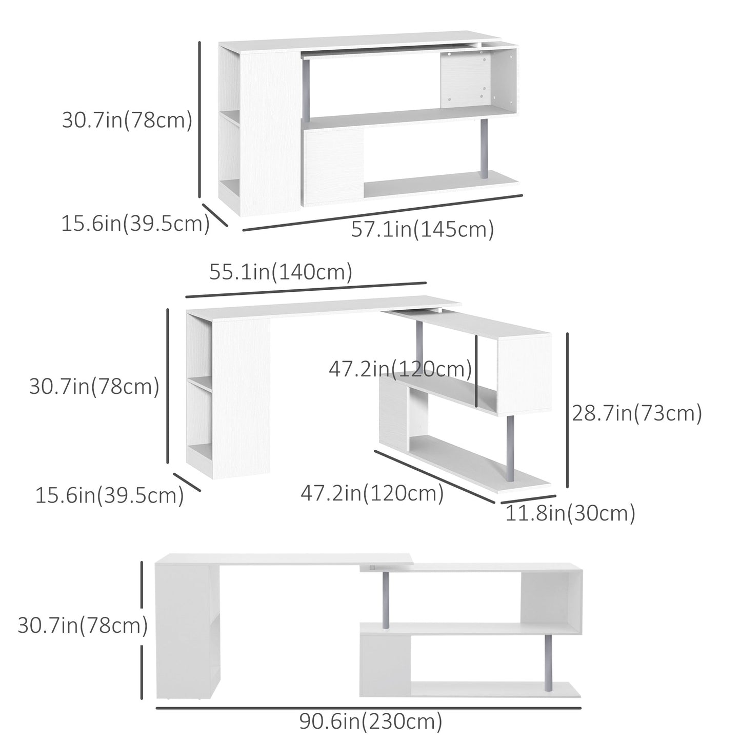 L-Shaped Desk 55", 360° Rotating Corner Workstation, 3-Tier Shelves, Bookshelf, White Kids Crystal