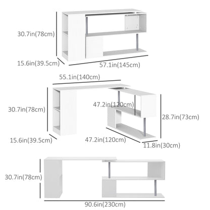L-Shaped Desk 55", 360° Rotating Corner Workstation, 3-Tier Shelves, Bookshelf, White
