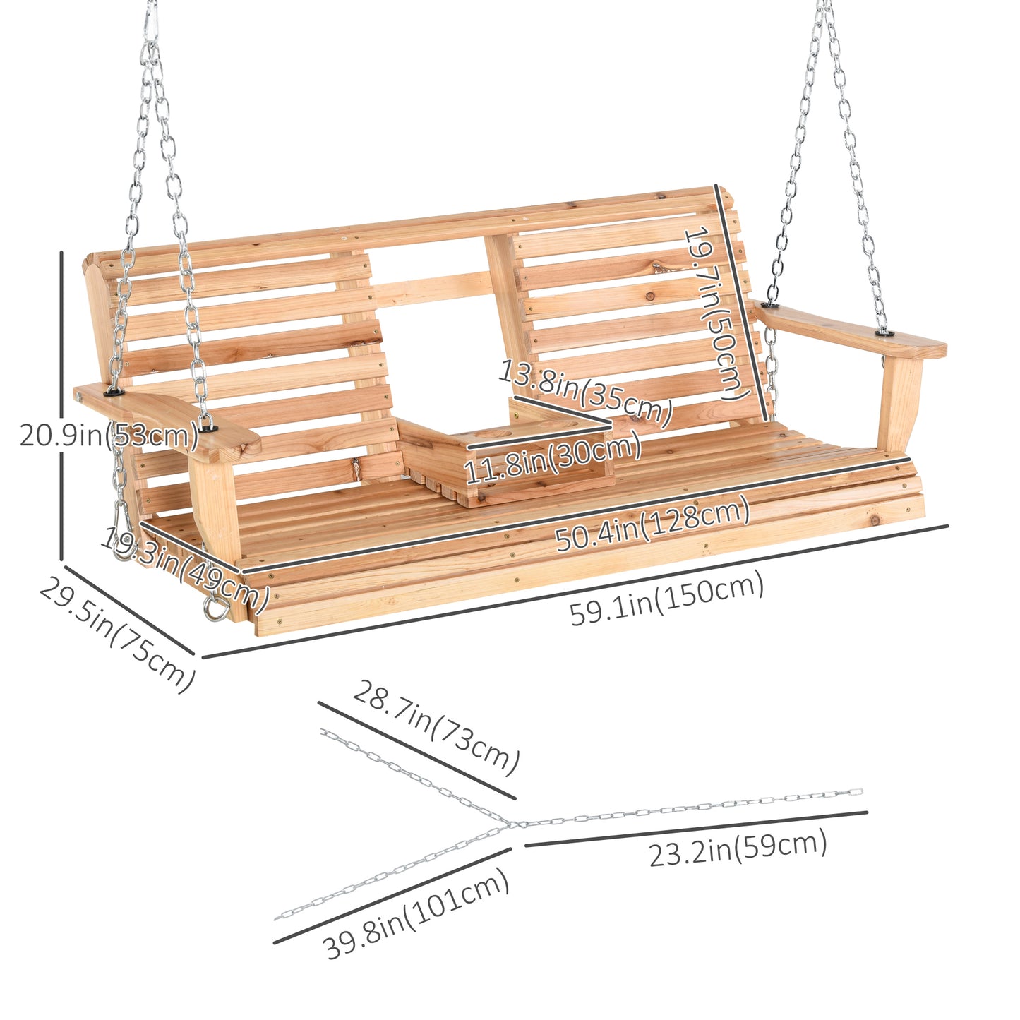 3-Seater Patio Swing Chair with Foldable Table & Cup Holders, Durable Wood Porch Swing, Steel Chains, Natural Finish Kids Crystal