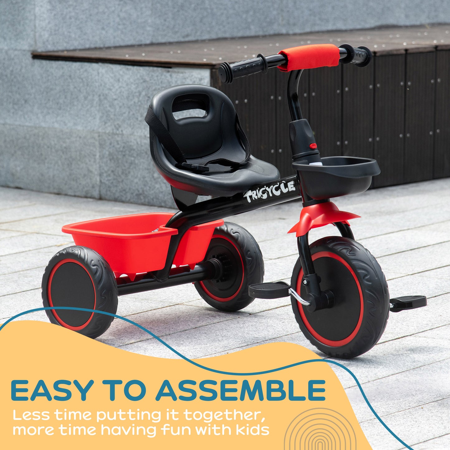 Kids Tricycle: Adjustable Seat 2-5 Years, Storage Baskets, for Girls/Boys in Red