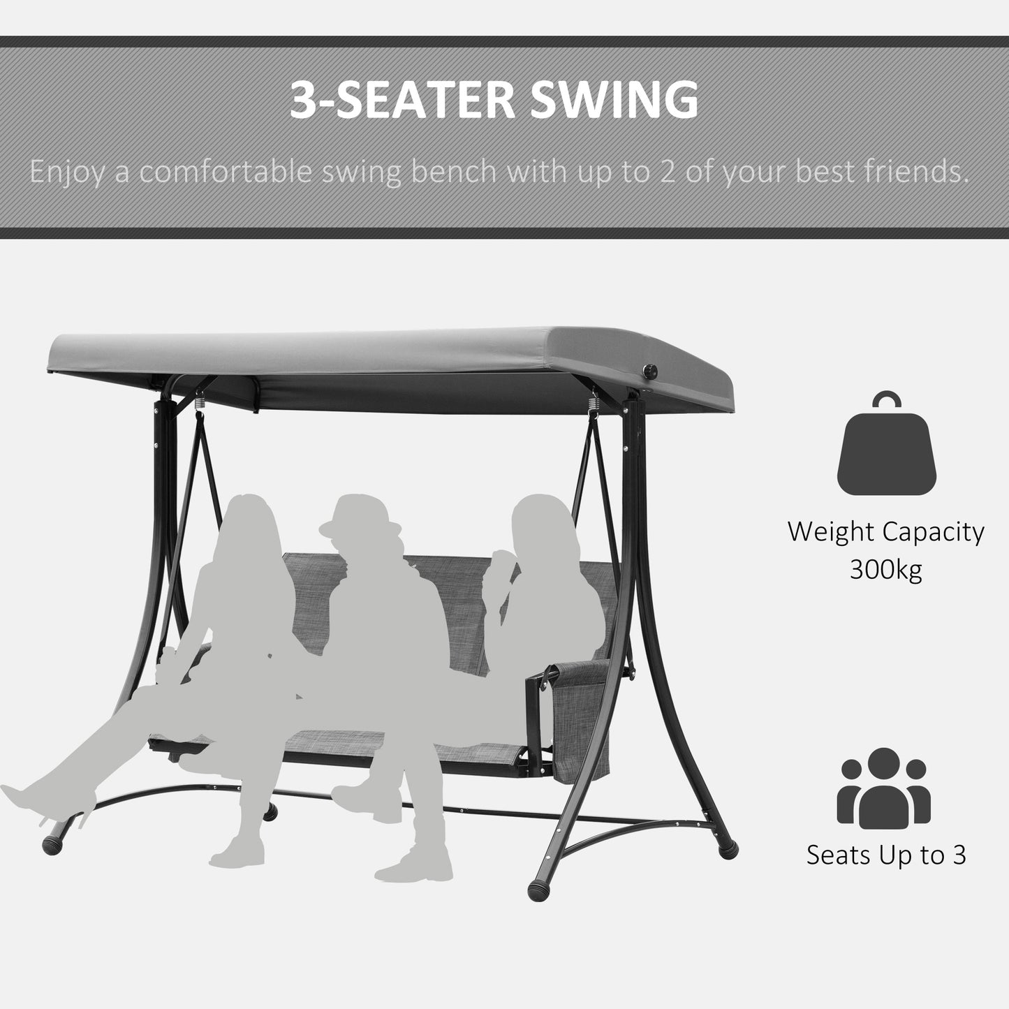 3 Person Porch Swing Chair - High Back Design, Side Pouches, Adjustable Canopy for Comfort, Dark Grey Kids Crystal