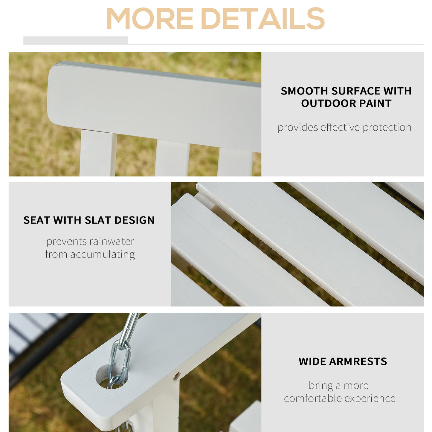 Swing Seat Porch Outdoor 2-Seater Fir Wooden Patio Hanging Bench with Slatted Design for Garden White Kids Crystal