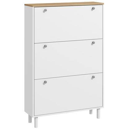 Narrow Shoe Storage Cabinet 3 Flip Drawers Adjustable Shelves Organizer for 24 Pairs White
