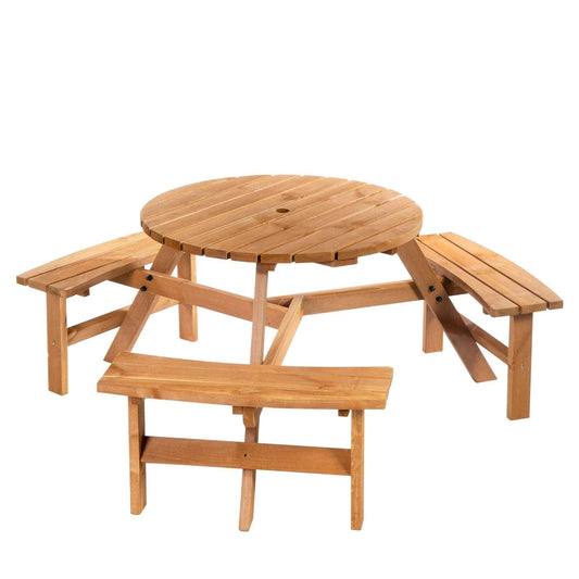 Wood Patio 6 Person Round Picnic Table Bench Set with Umbrella Hole for Backyard Brown