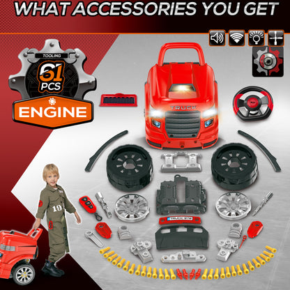 Educational Kids Truck Engine Toy Set Car Service Station Playset with Steering Wheel Horn Light RC Car Key Red