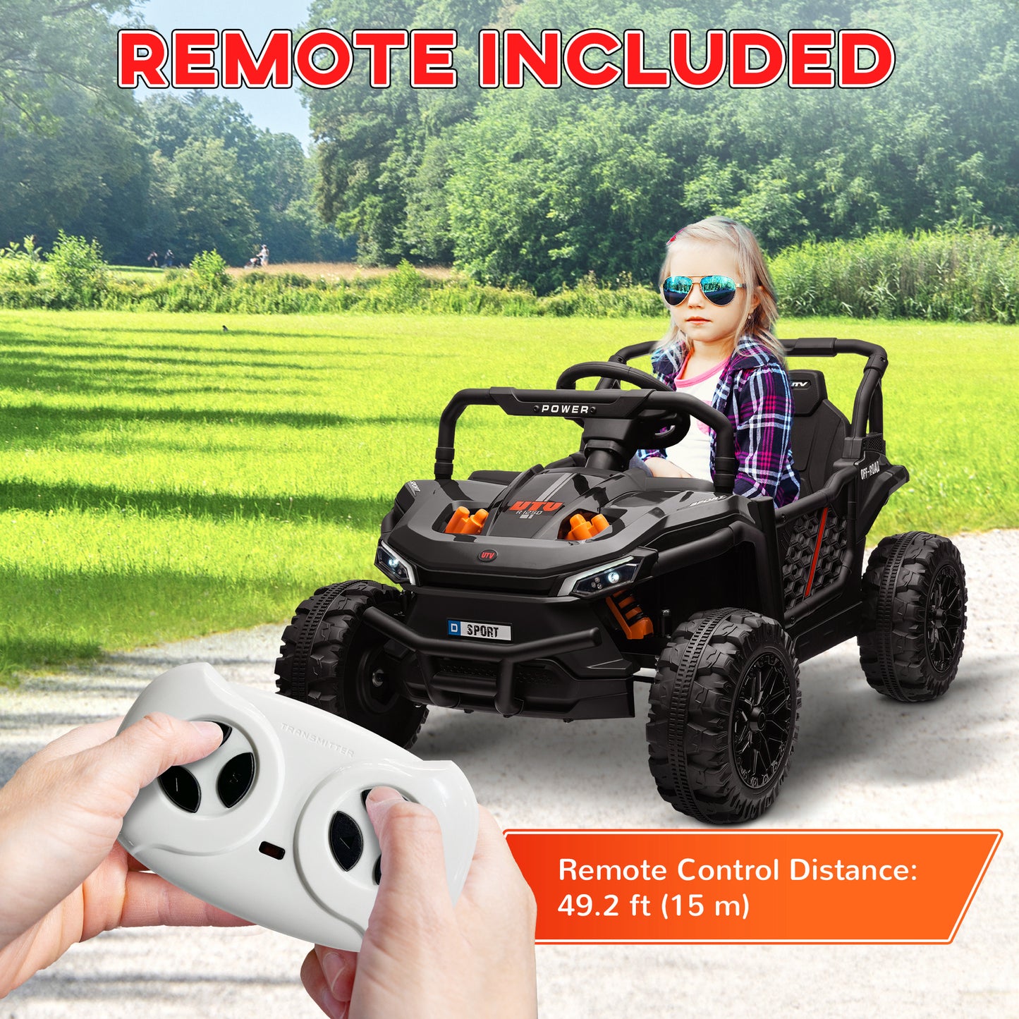 12V Kids Ride On Car, Toy Truck with Remote Control, Spring Suspension, LED Headlights, 3 Speeds, Black Kids Crystal