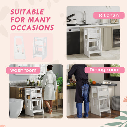 Adjustable Kids Step Stool, Toddler Kitchen Standing Tower with 3 Heights, White