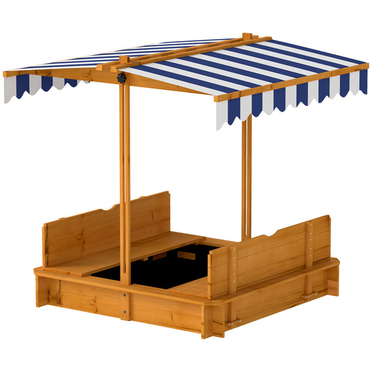 Kids Sandbox Wooden with Cover Adjustable Canopy Foldable Bench Seats Sand Play Red