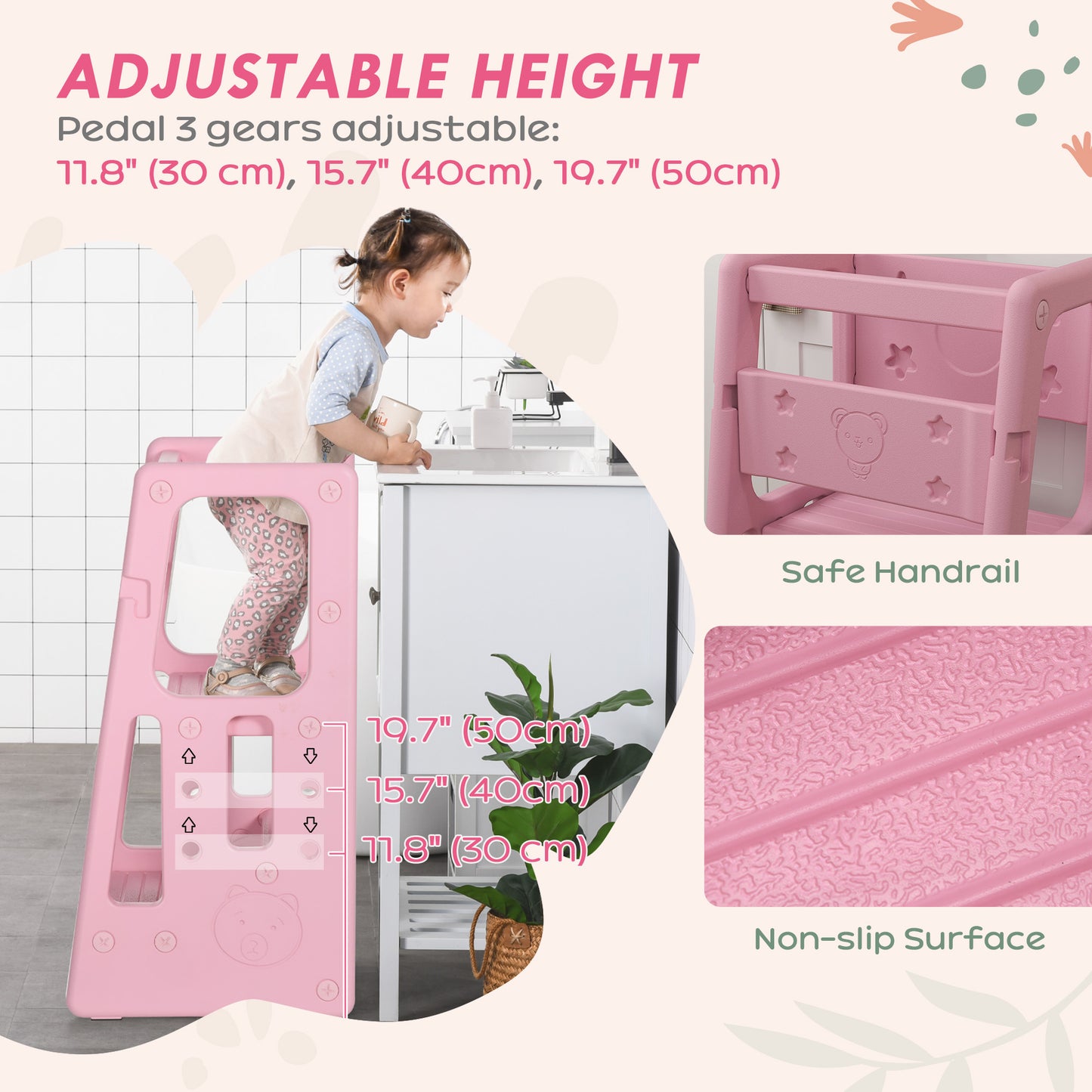 Toddler Kitchen Helper 2 Step Stool with Adjustable Height Platform and Safety Rail, Pink