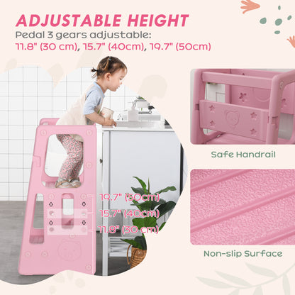 Toddler Kitchen Helper 2 Step Stool with Adjustable Height Platform and Safety Rail, Pink