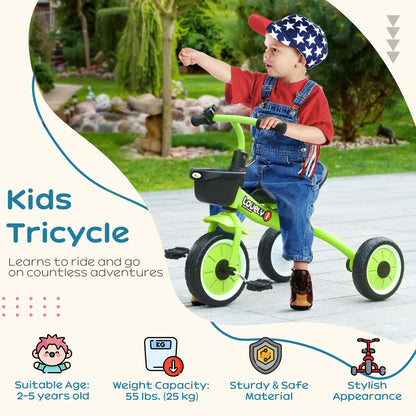 Kids Tricycle: Adjustable Seat 2-5 Years, Basket, Bell, for Girls/Boys, Green, Toddler Trike