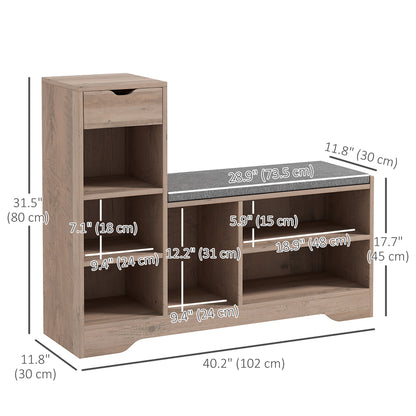 Upholstered Shoe Storage Bench w/ Seat, Entrance Bench w/ Drawer and 6 Open Shelves for Hallway, Grey
