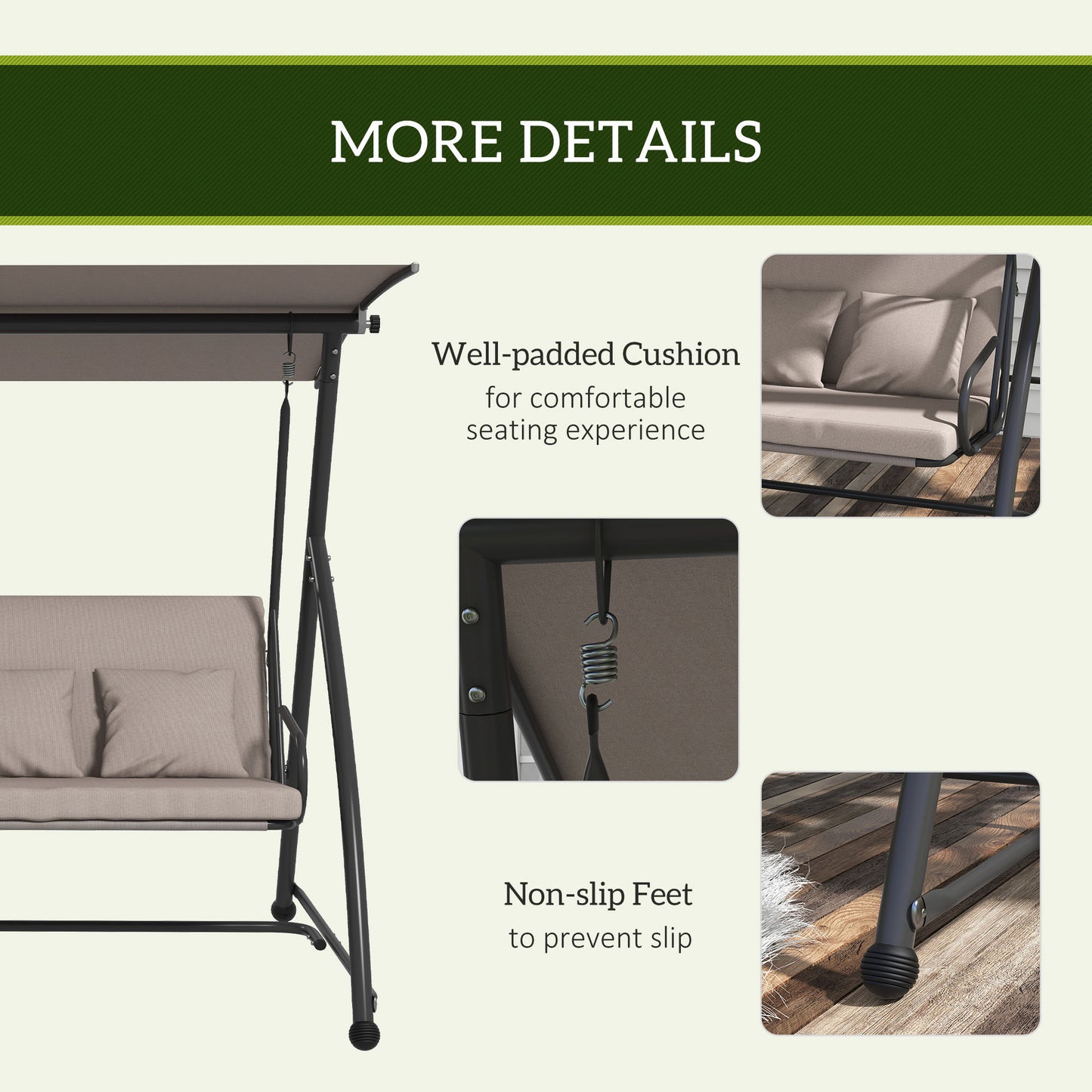 3 Seater Porch Swing Convertible Swing Chair Bed Cushioned Light Brown Kids Crystal