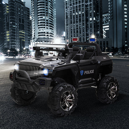 12V Kids Police Truck Ride-On Car RC 2-Seater with LED Lights MP3 Parental Remote Control Black
