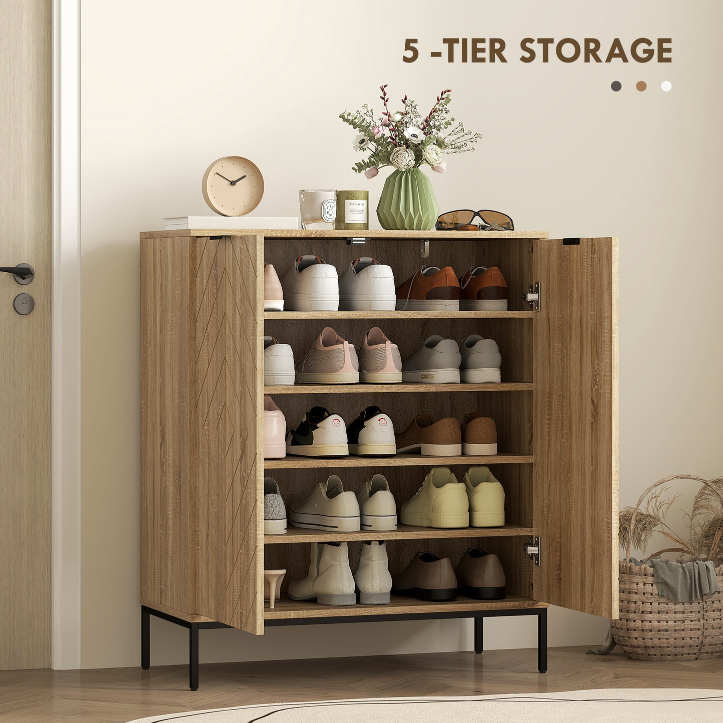 Shoe Storage Cabinet for 15 Pairs, Freestanding Shoe Cabinet with Doors and Adjustable Shelves for Hallway, Oak Kids Crystal