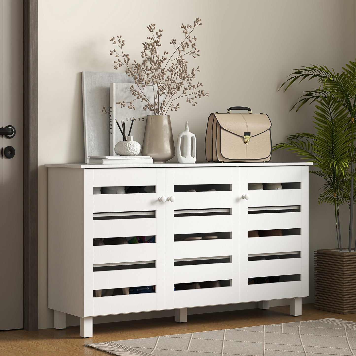 Shoe Cabinet with 3 Slatted Doors, 3-tier Shelving Rack Cabinet with Adjustable Shelves for 15 Pairs of Shoes, White Kids Crystal