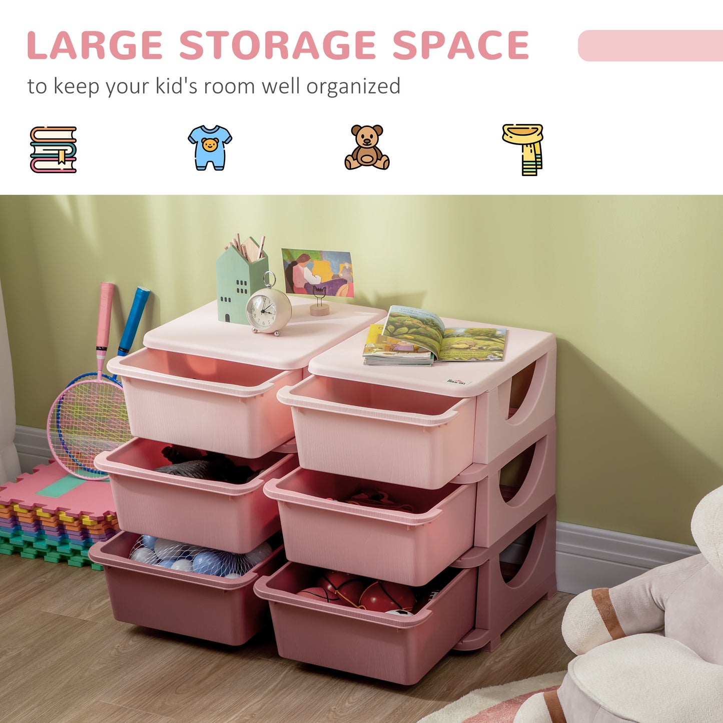 3 Tier Kids Toy Organizer and Storage Bins with 6 Plastic Drawers, Pink Kids Crystal
