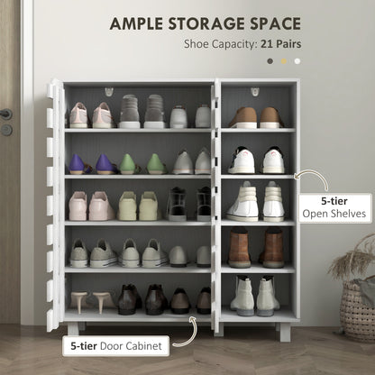 21 Pair Shoe Storage Cabinet Organizer with 5-Tier Double Door Cupboard 5-Tier Open Shelves White