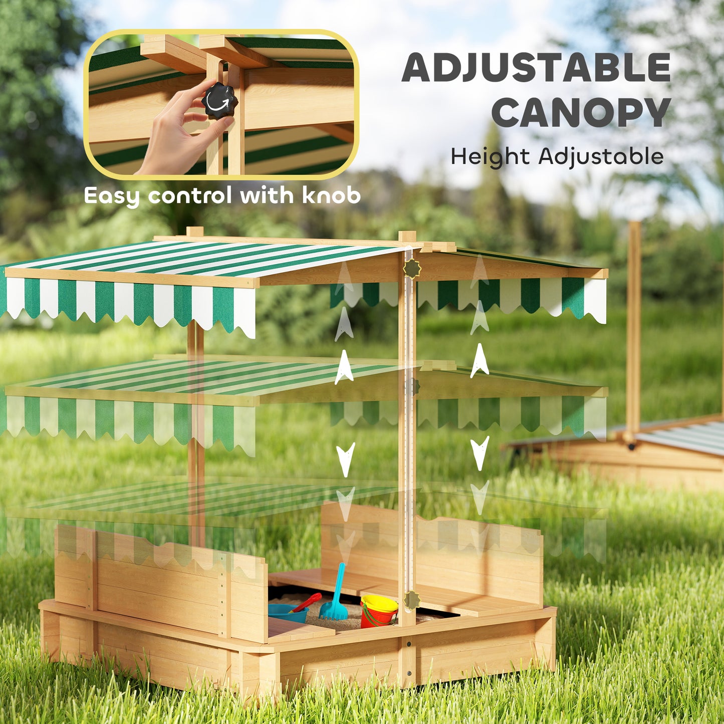 Kids Sandbox Wooden with Cover Adjustable Canopy Foldable Bench Seats Sand Play Light Brown Kids Crystal
