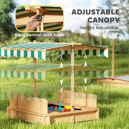 Kids Sandbox Wooden with Cover Adjustable Canopy Foldable Bench Seats Sand Play Light Brown