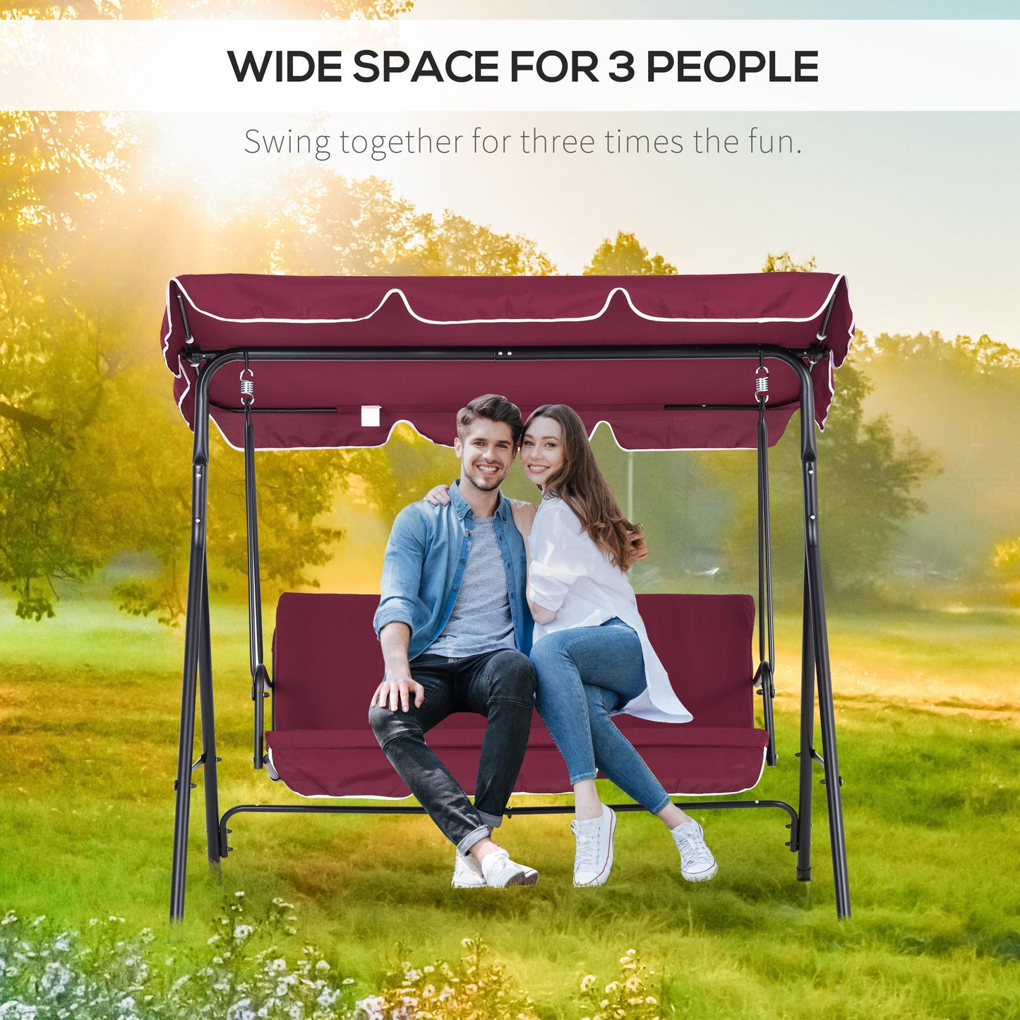Meatal 3-Seater Outdoor Porch Swing with Stand Cushioned Garden Lounger Patio Hammock with Frame and Canopy, Wine Red Kids Crystal
