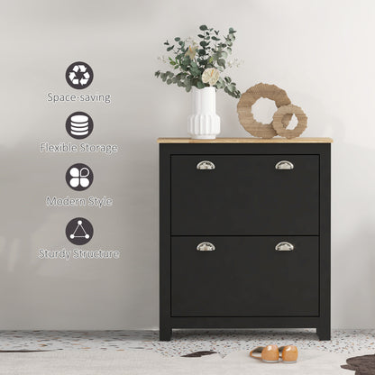 Entryway Shoe Storage Cabinet: 2 Flip Drawers, Adjustable Shelves, 12 Pair Organizer for Hallway, Black