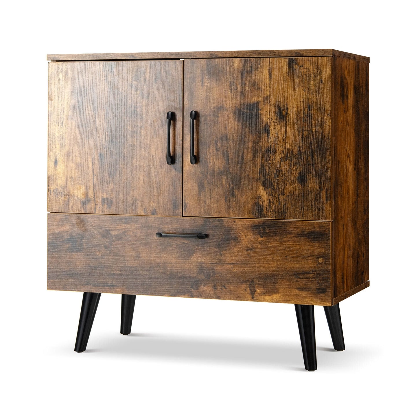Mid Century Storage Cabinet with 2 Doors and 1 Pull-out Drawer-Rustic Brown Kids Crystal