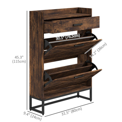 Narrow Shoe Cabinet Organizer: 2 Flip Drawers, Adjustable Shelves for 12 Pairs, Rustic Brown