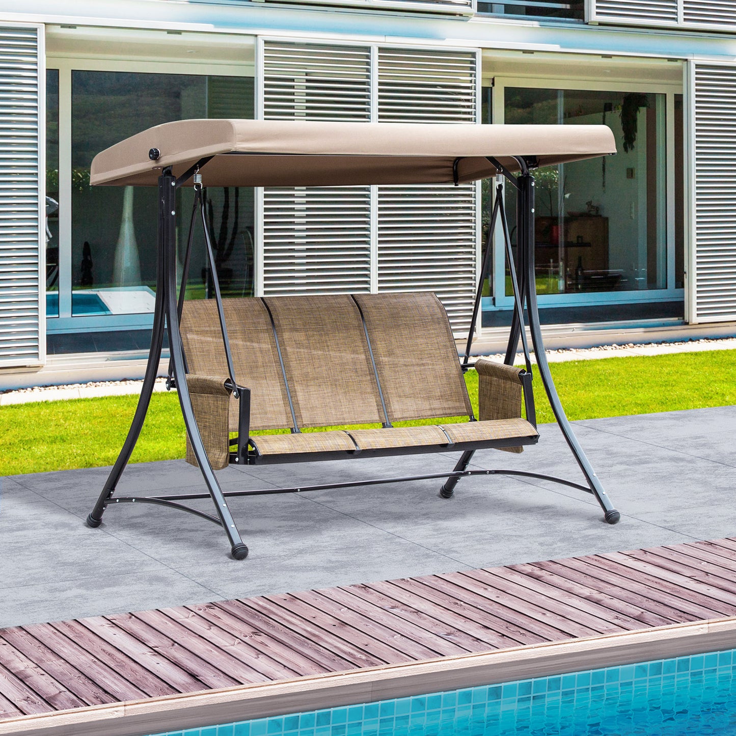 3 Person Porch Swing Outdoor Swing Chair with High Back Design, Side Pouches and Adjustable Canopy, Brown Kids Crystal