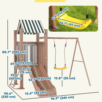 4-in-1 Kids Swing Set for Playground with Slide, Covered Fort, Climbing Ladder, Ground Stakes, for Kids Ages 3-8, Brown