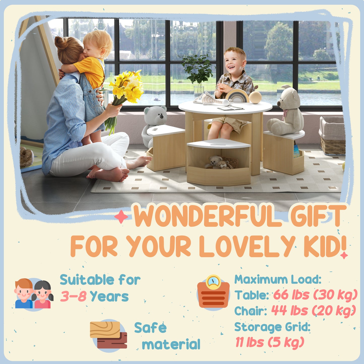 5 Piece Kids Table and Chair Set with Storage for Kids Room, White