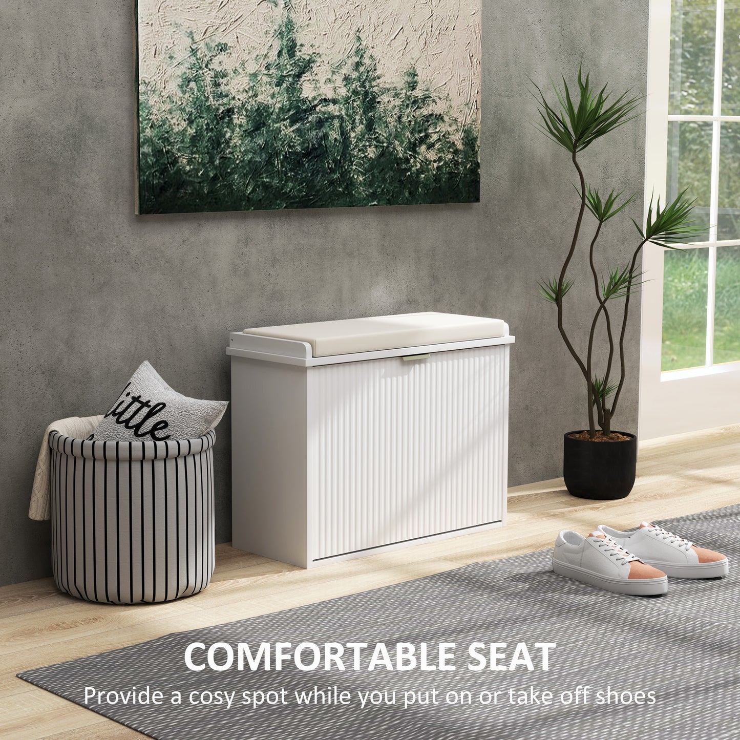 Entryway Bench with Padded Seat and Flip-Drawers, Holds up to 265lbs, Shoe Storage Bench for 6 Pairs of Shoes, White Kids Crystal