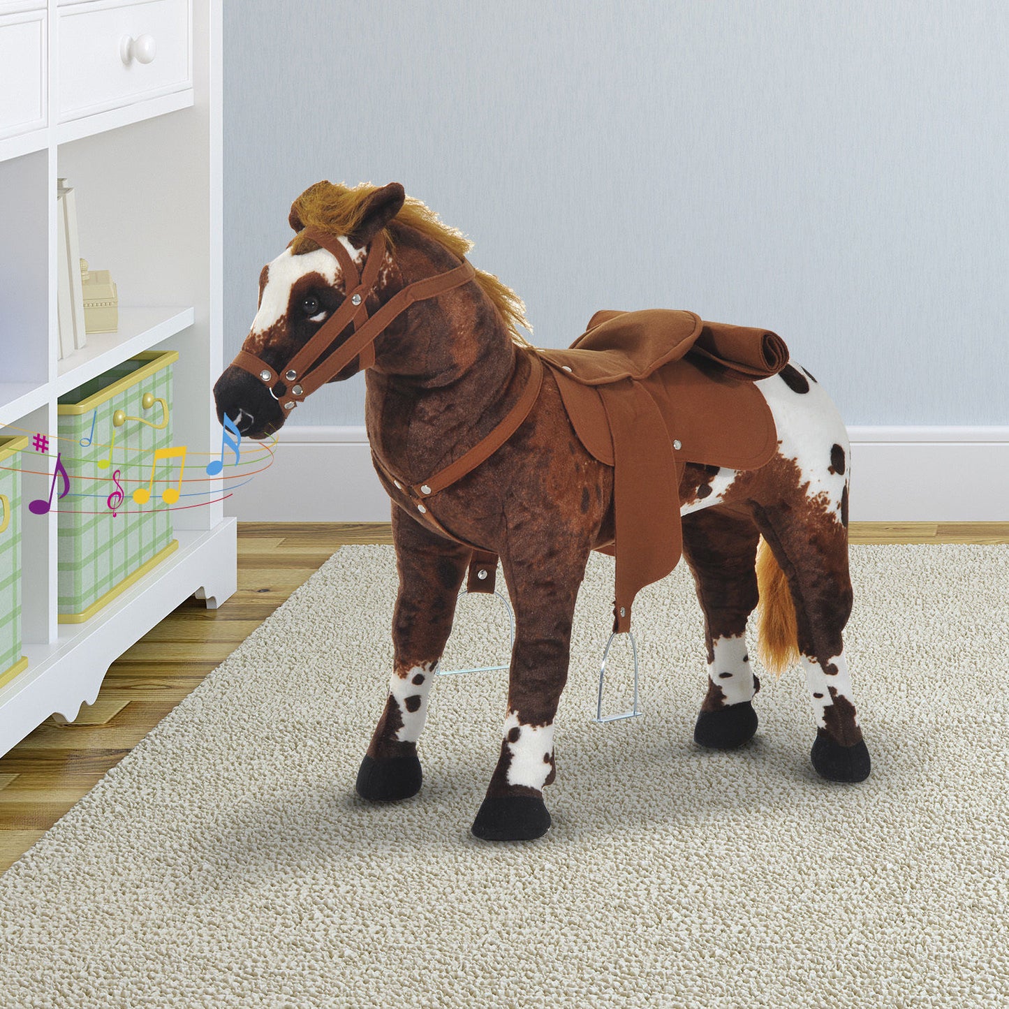 Plush Standing Ride-On Pony for Kids - Brown Cowboy Horse Toy with Neighing Sound Kids Crystal
