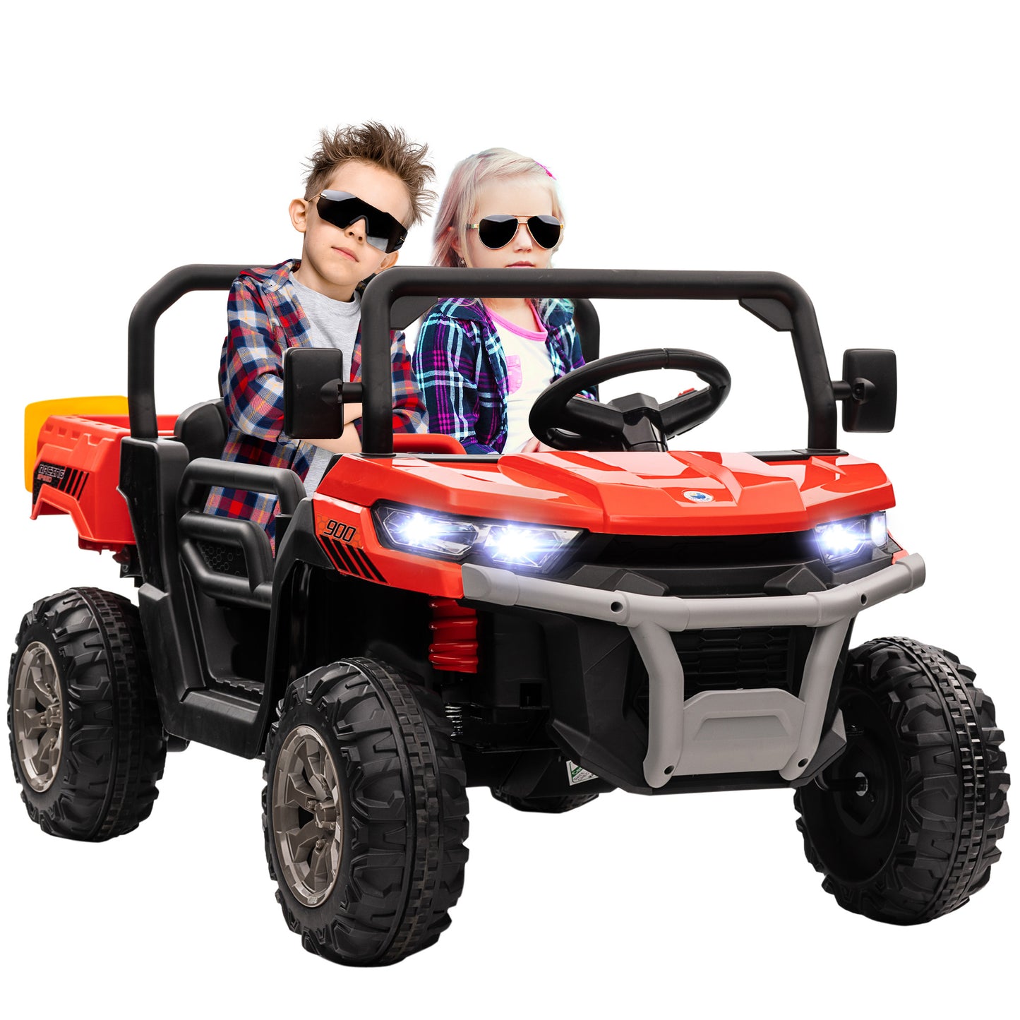 Kids Ride on Car 12V with Electric Bucket, Two-Seater Battery-Powered Cars for Kids with Shovel, Remote Control, Spring Suspension Kids Crystal