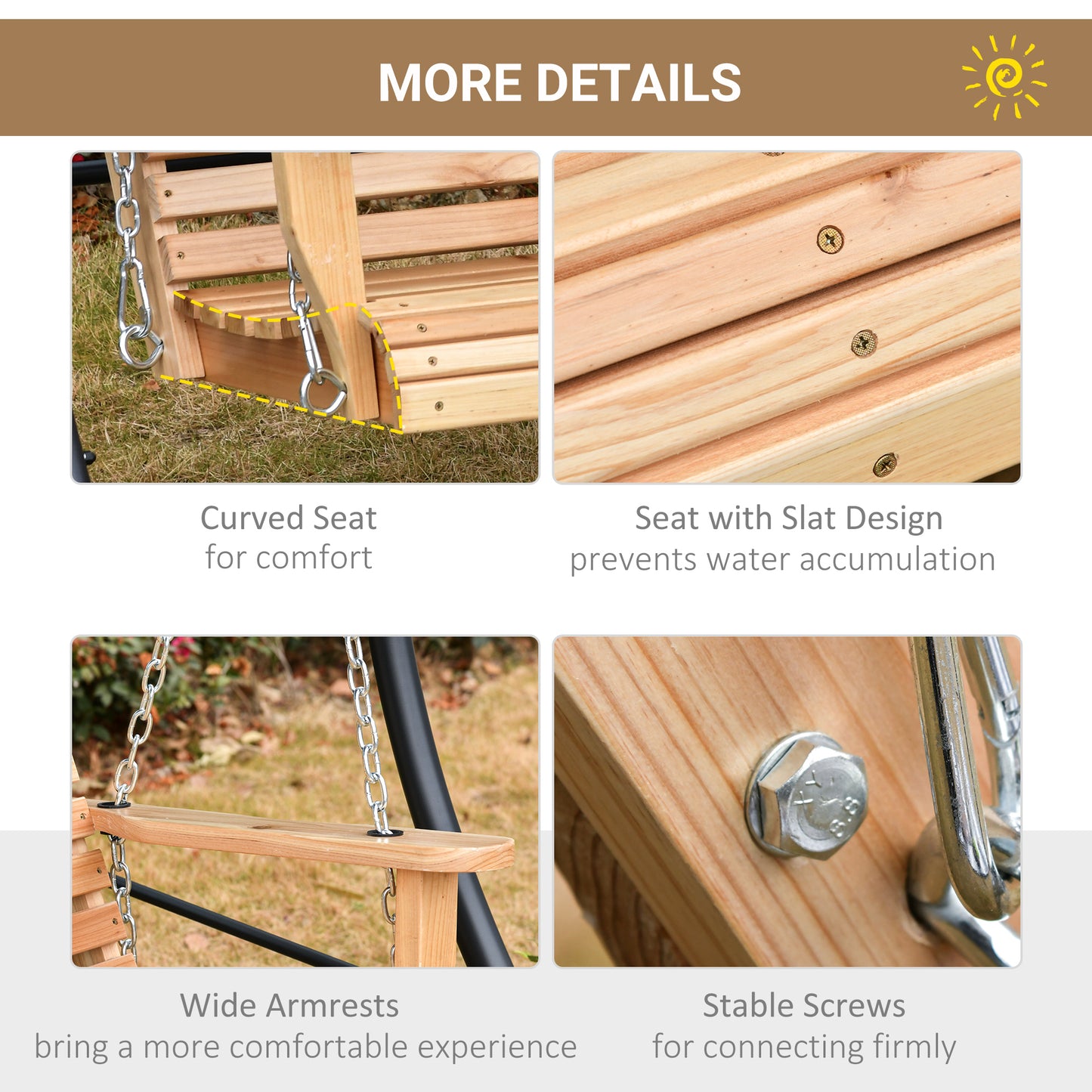 3-Seater Patio Swing Chair with Foldable Table & Cup Holders, Durable Wood Porch Swing, Steel Chains, Natural Finish Kids Crystal