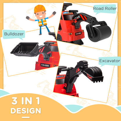 3-in-1 Ride On Red Excavator Bulldozer Road Roller with Music Kids Construction Toy Vehicle