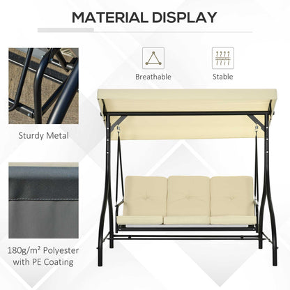 Convertible Patio Swing Bed with Canopy and Cushions, 3 Seater Porch Swing for Outdoor, Backyard, Garden, Beige