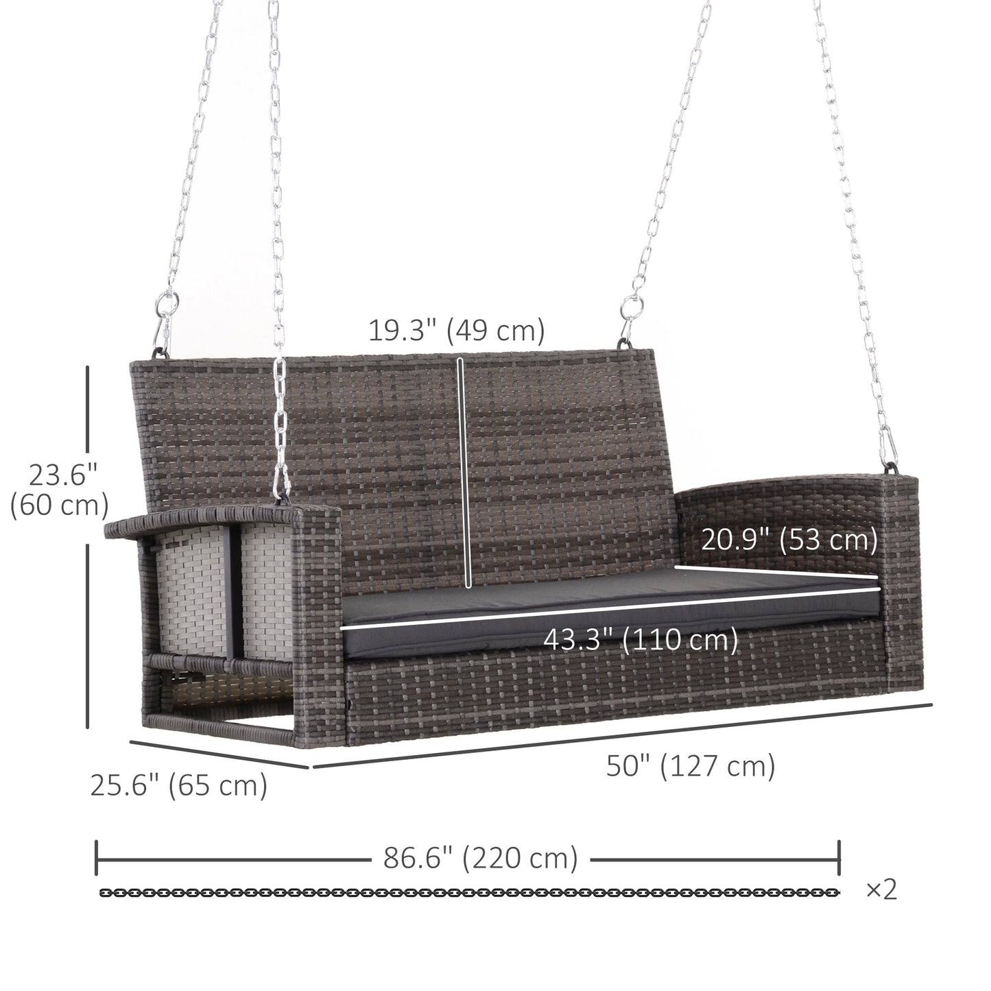 2-person Outdoor Wicker Porch Swing Chair Garden Rattan Hanging Bench with Cushion Yard Double Hammock Sun Lounge Seat, Grey Kids Crystal
