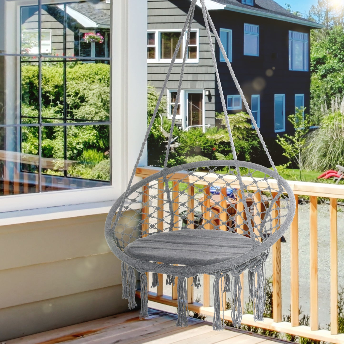 Patio Hammock Chair, Hanging Rope Hammock Swing for Indoor & Outdoor Use with Backrest, Cotton-Polyester Blend Dark Grey Kids Crystal